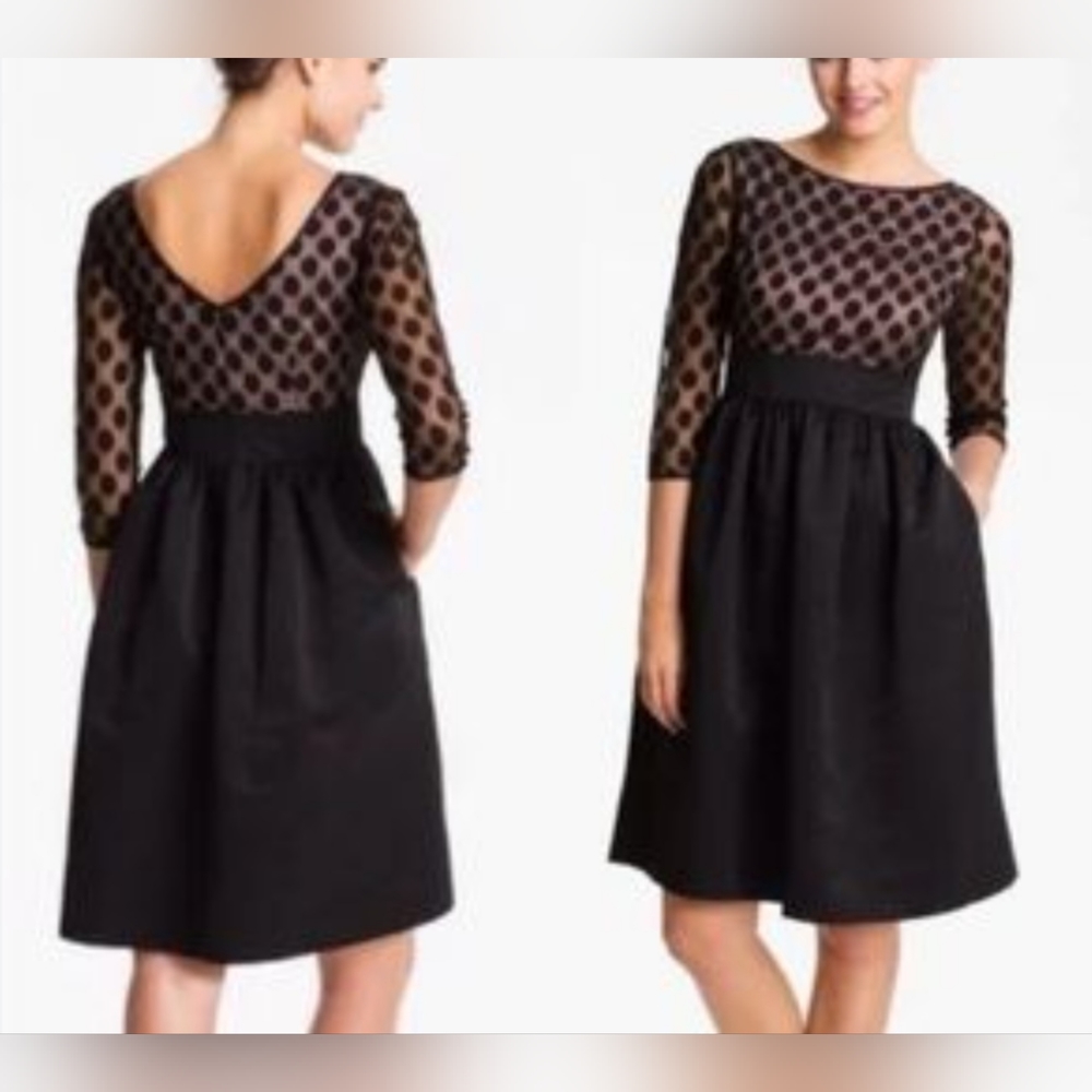 Eliza J Dot Mesh‎ Bodice Fit & Flare Cocktail Dress In Black/Nude Size 4